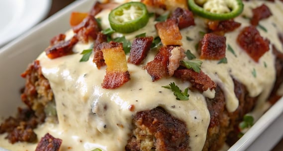 a dish of meatloaffe covered in cheese and sauce