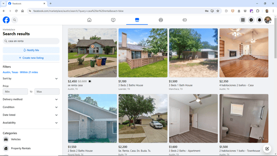Facebook es otro sitio donde puedes buscar vivienda tanto en Marketplace como en grupos.