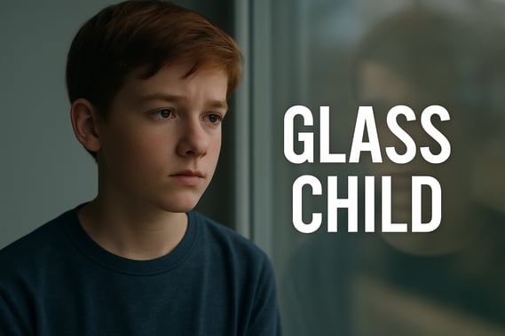 Teenage boy gazing out a window with 'GLASS CHILD' text beside him.