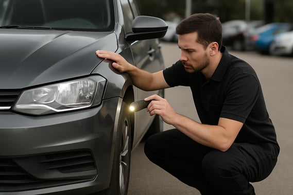 Mecânico inspecionando a lataria de um carro em pátio de revenda, com iluminação natural.