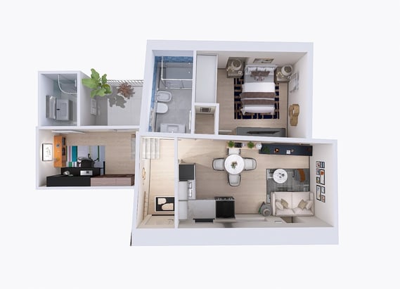 a house with a floor plan and a kitchen