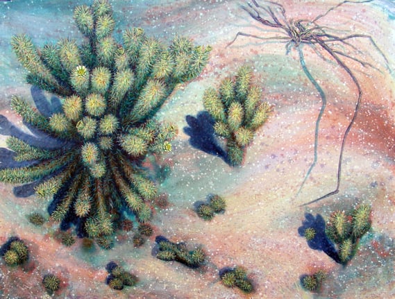 Acrylic painting of Cholla Cactus on the desert floor in California