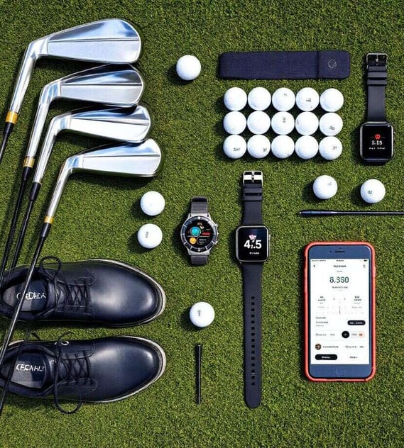 Modern golf gear flat lay with clubs, balls, shoes, GPS watch, and scoring app on turf