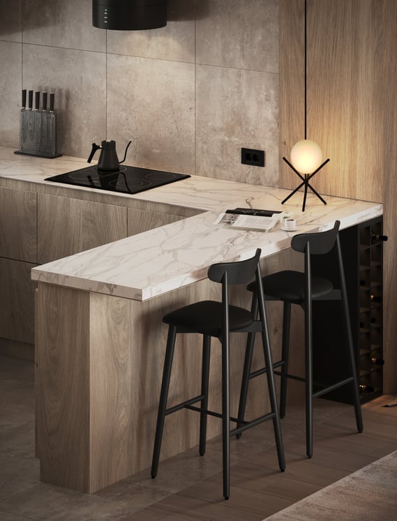 a kitchen with a marble counter top and bar stools