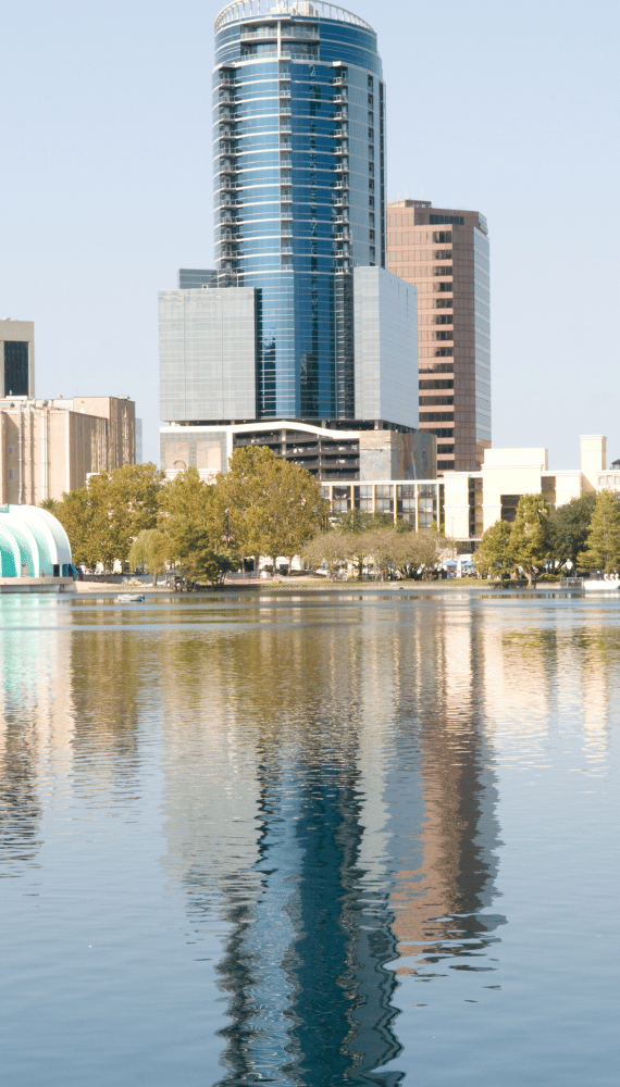 a city skyline with a fountain in the foreground