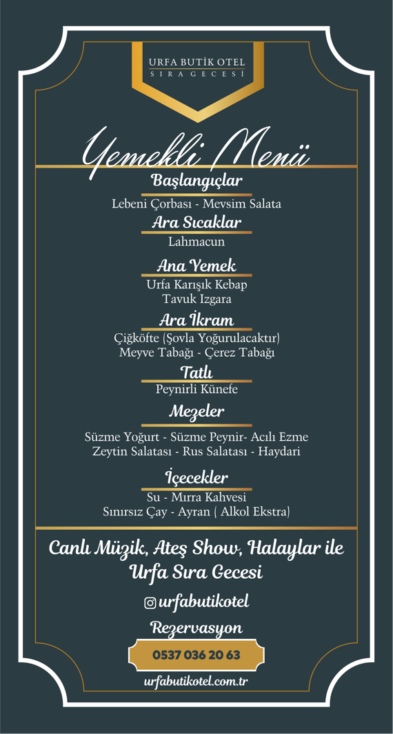 Vezirhan Konağı Sıra Gecesi Yemekli Menü | Urfa Butik Otel