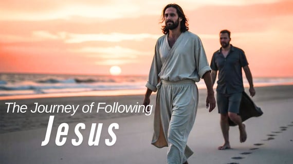 Jesus walking down a beach with a man following him.