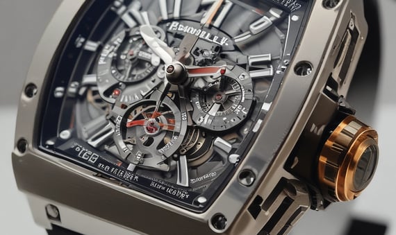 A shiny metallic wristwatch is being held in a hand. The watch face reads 'FIRE COLLECTION' and has a reflective surface. The metal band is composed of linked segments.