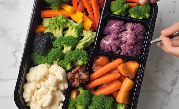 A shirtless person holds a black meal container filled with colorful vegetables and a savory dish, likely including broccoli, carrots, cauliflower, and a saucy protein mix.