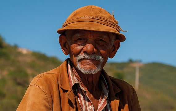 Homem idoso com roupa de couro e chapéu de vaqueiro, símbolo da cultura do sertão nordestino