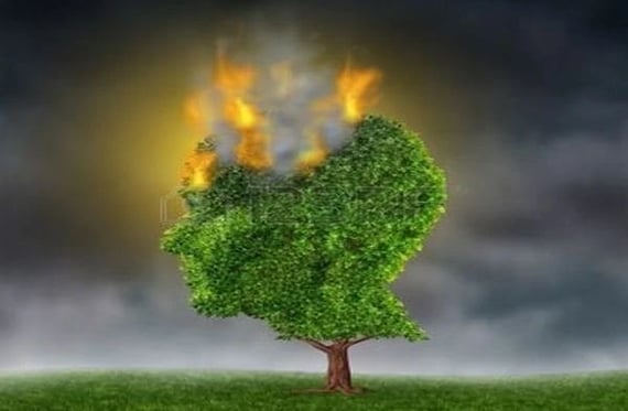 arbre en forme de tête humaine en train de brûler en haut symbolisant le stress, le mal de tête