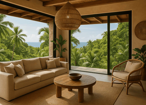 a living room with a couch and a table