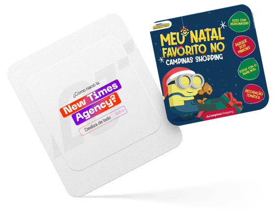 Materiais gráficos da New Times Agency e Campinas Shopping com identidade visual temática