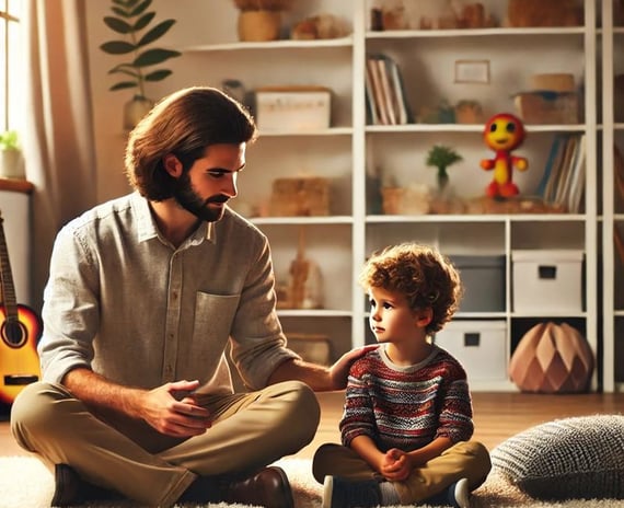 a man and his son playing with a guitar