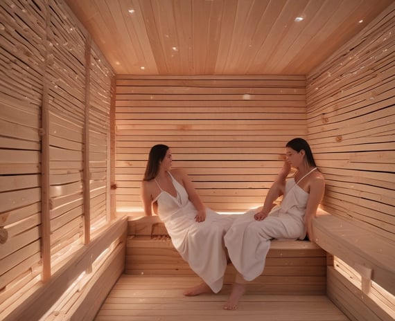two women sitting in a wooden structure
