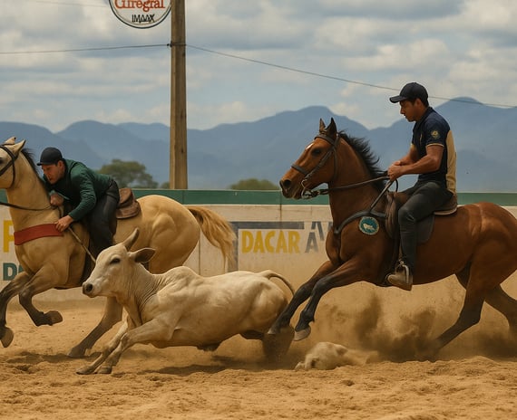 Dois vaqueiros montados a cavalo perseguem e derrubam um boi em uma arena de vaquejada