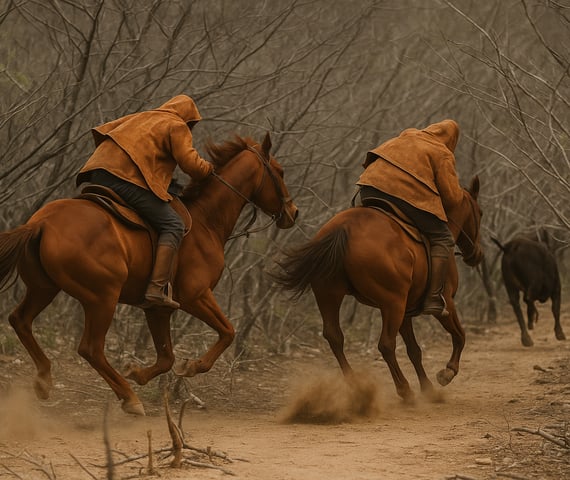 Dois vaqueiros cavalgam em alta velocidade para capturar um boi na caatinga do Sertão nordestino