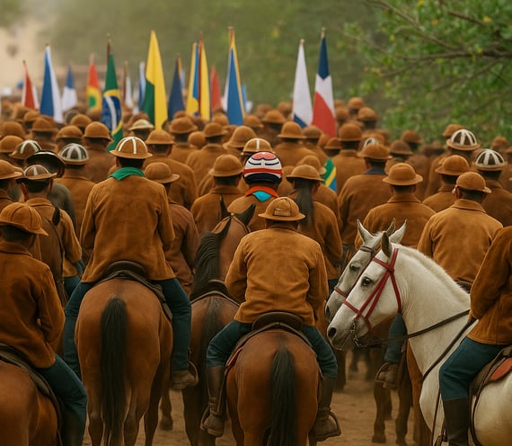Grupo de vaqueiros a cavalo com trajes tradicionais marchando com bandeiras em procissão rural