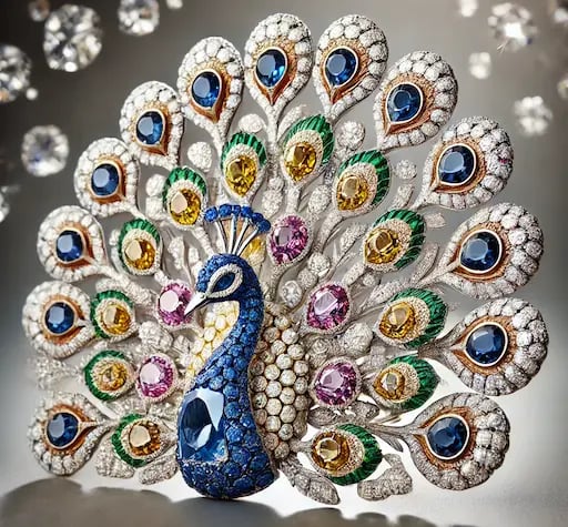 a luxury Peacock Brooch by Graff Diamonds, featuring a detailed arrangement of over 1,300 gemstones in the shape of a peacock