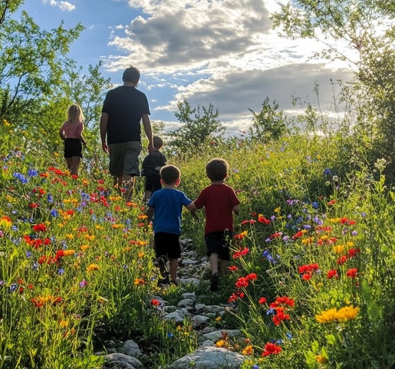 a family walking up a hill with a child holding hands