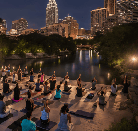 a group of people doing yoga on a large screen