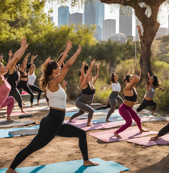 a group of people doing yoga on a beach