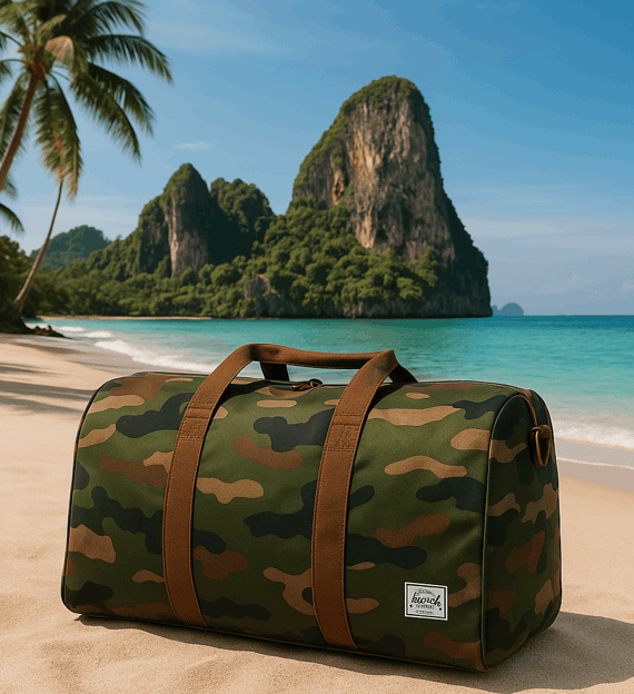Herschel Duffle in camo sitting on a Thai beach with turquoise waters in the background.
