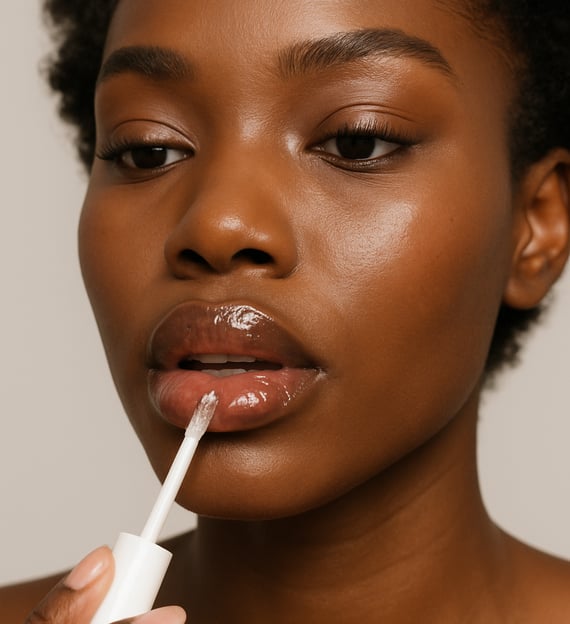 A black woman applying lip gloss