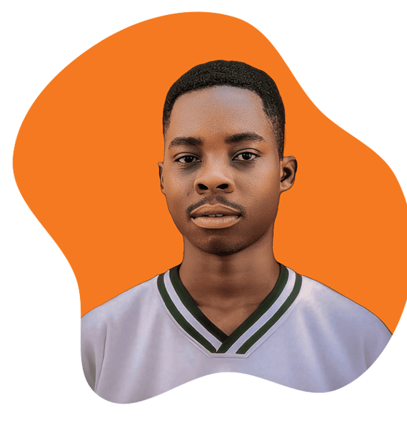 a hero image of a man with a white shirt and a green and orange background