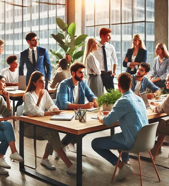 a group of people sitting around a table with a group of people