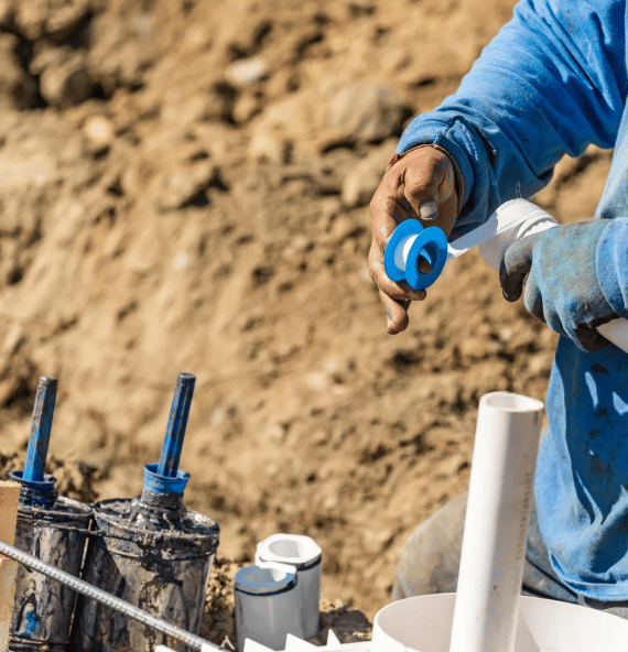 A plumber in a blue shirt is taping PVC piping on a construction site.