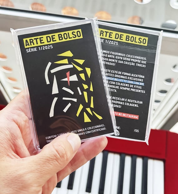 foto de uma mão segurando dois pacotes da série arte de bolso.