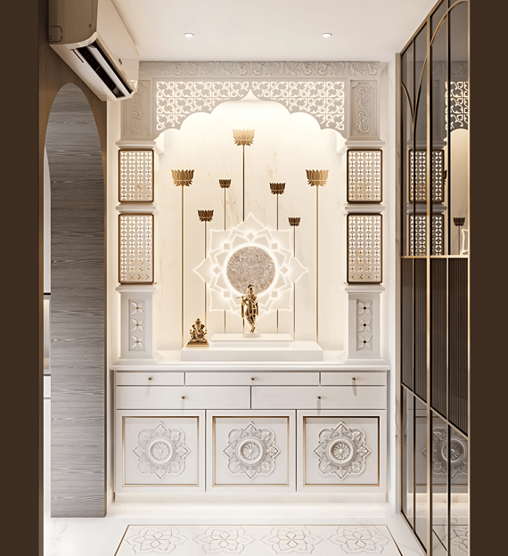 A modern CORIAN TEMPLE with intricate white carvings, lotus motifs, and a central deity statue,