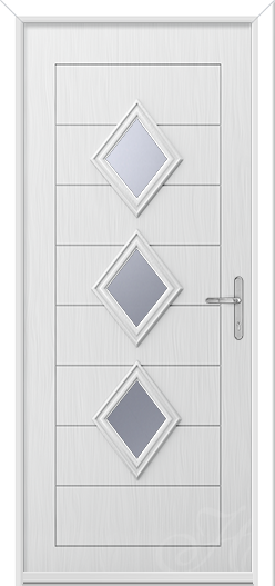 a white urban front door with diamond glass panels