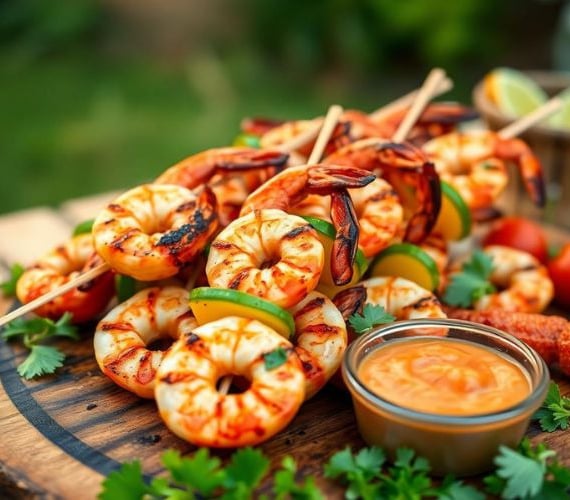 a bunch of grilled shrimp and vegetables on a wooden board
