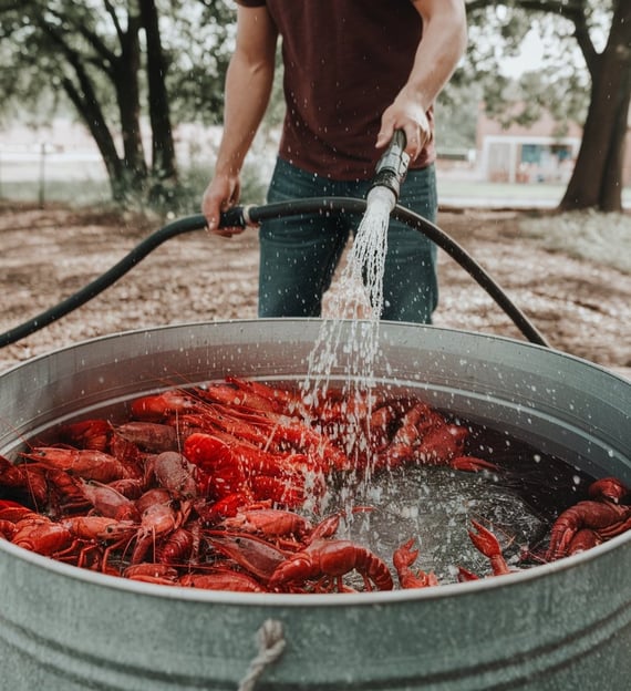 a man spraying crawfish with a water hose