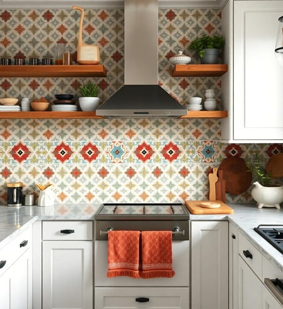 a colorful bohemian kitchen with a stove top