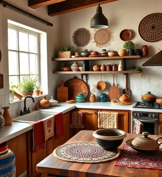 a bohemian kitchen with a table and bowls