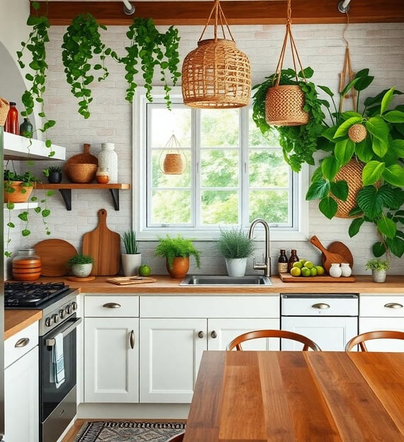 a bohemian kitchen with plants and a wooden table