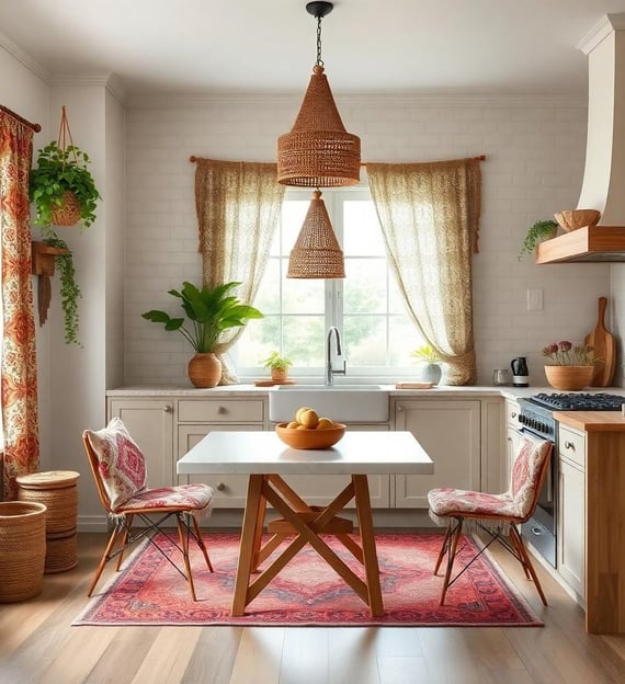 bohemian kitchen layered with textures