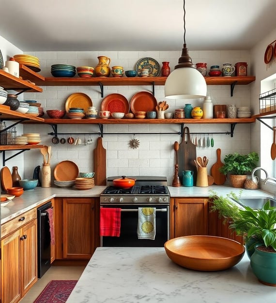 a bohemian kitchen with a stove top and a refrigerator