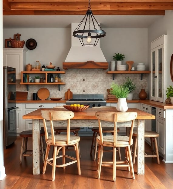 a bohemian kitchen with a table and chairs