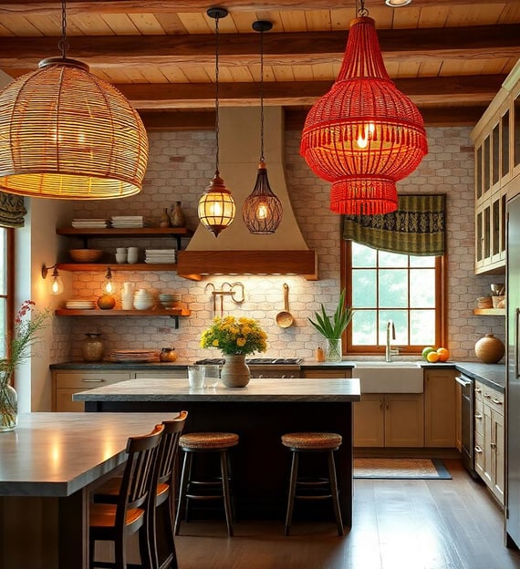 a bohemian kitchen with a table and chairs