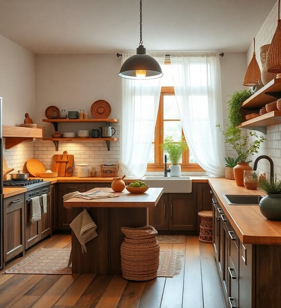 a bohemian kitchen with a refrigerator and a table