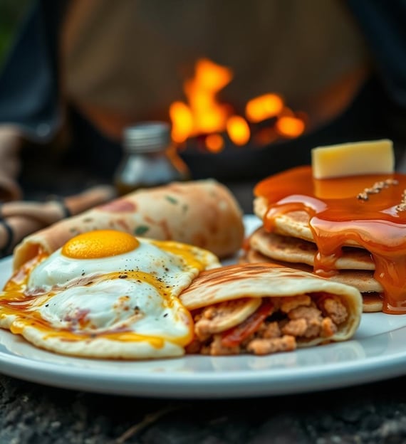 camp breakfast with scrambled eggs, breakfast burrito and pancakes