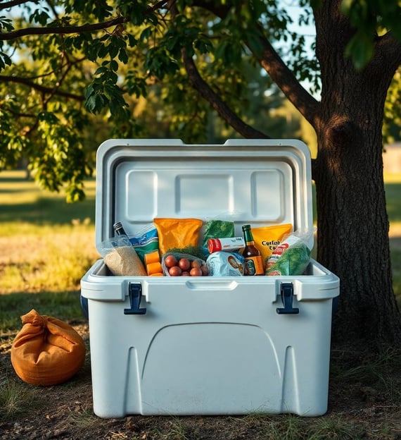A well-packed cooler of camping food under a shade tree