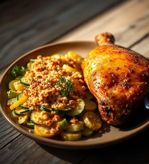 crispy sliced Zucchini and Yellow Squash Au Gratin topped with brown toasted panko bread crumbs on a