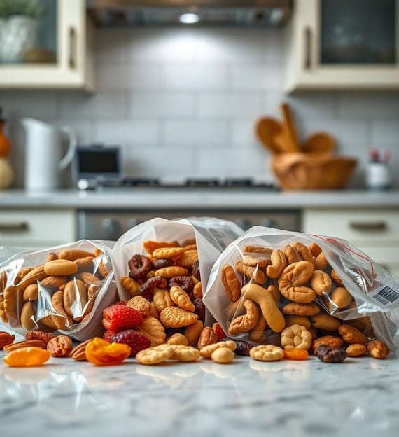 a bunch of nuts and dried fruit in bags