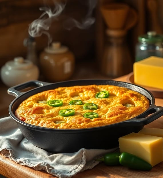 Jalapeño Cheddar Cornbread in an iron skillet