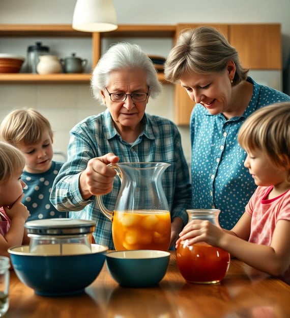 Grandma making a pitcher of sweet tea in the kitchen with her grandchildren watching her make it